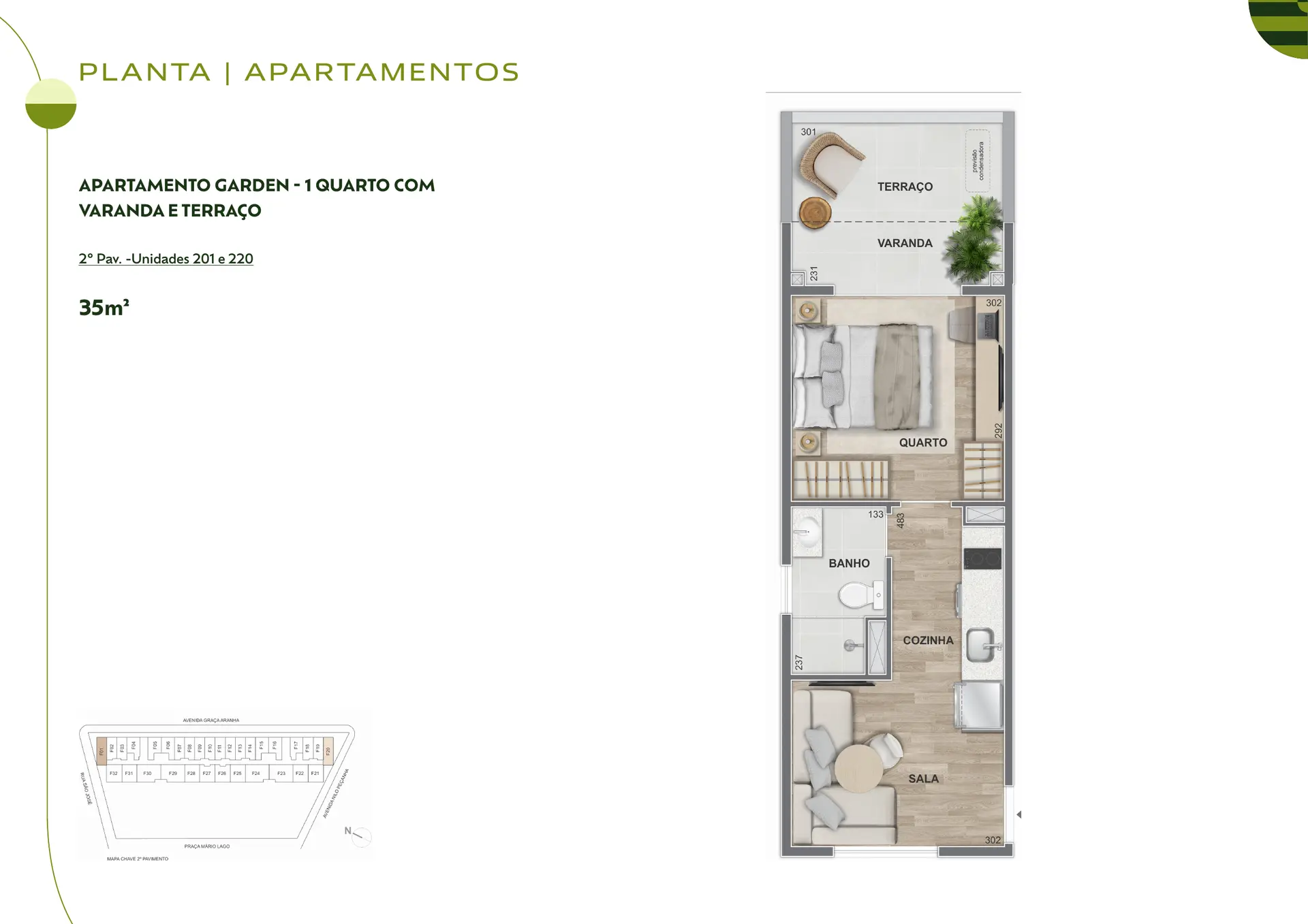 Apartamento Garden de 1 quarto com varanda e terraço
