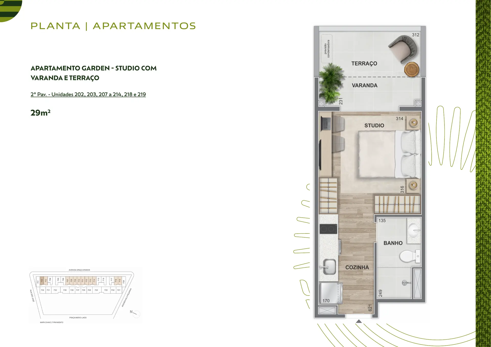 Studio Garden com varanda e terraço