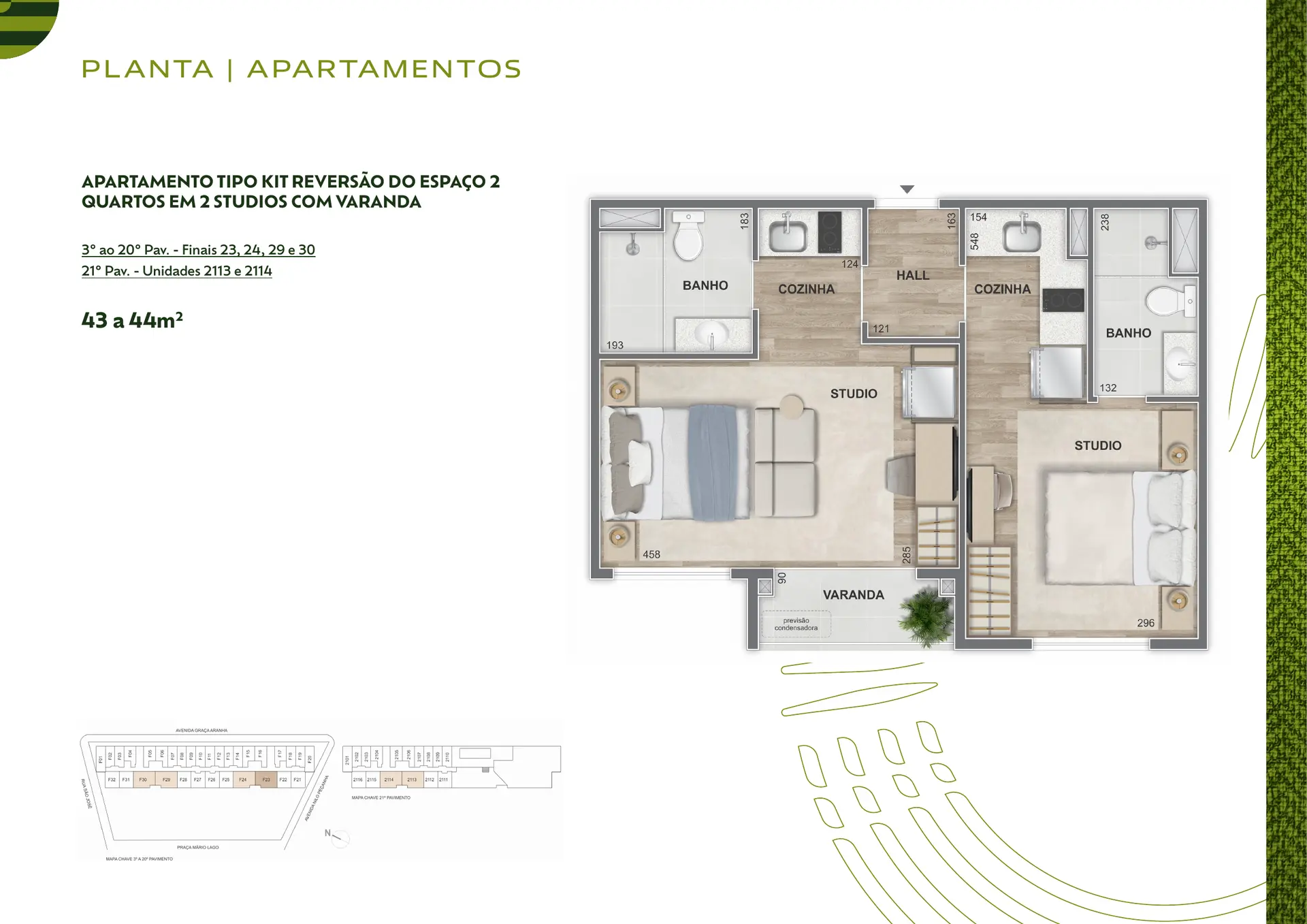 Apartamento de 2 quartos reversível em 2 studios com varanda