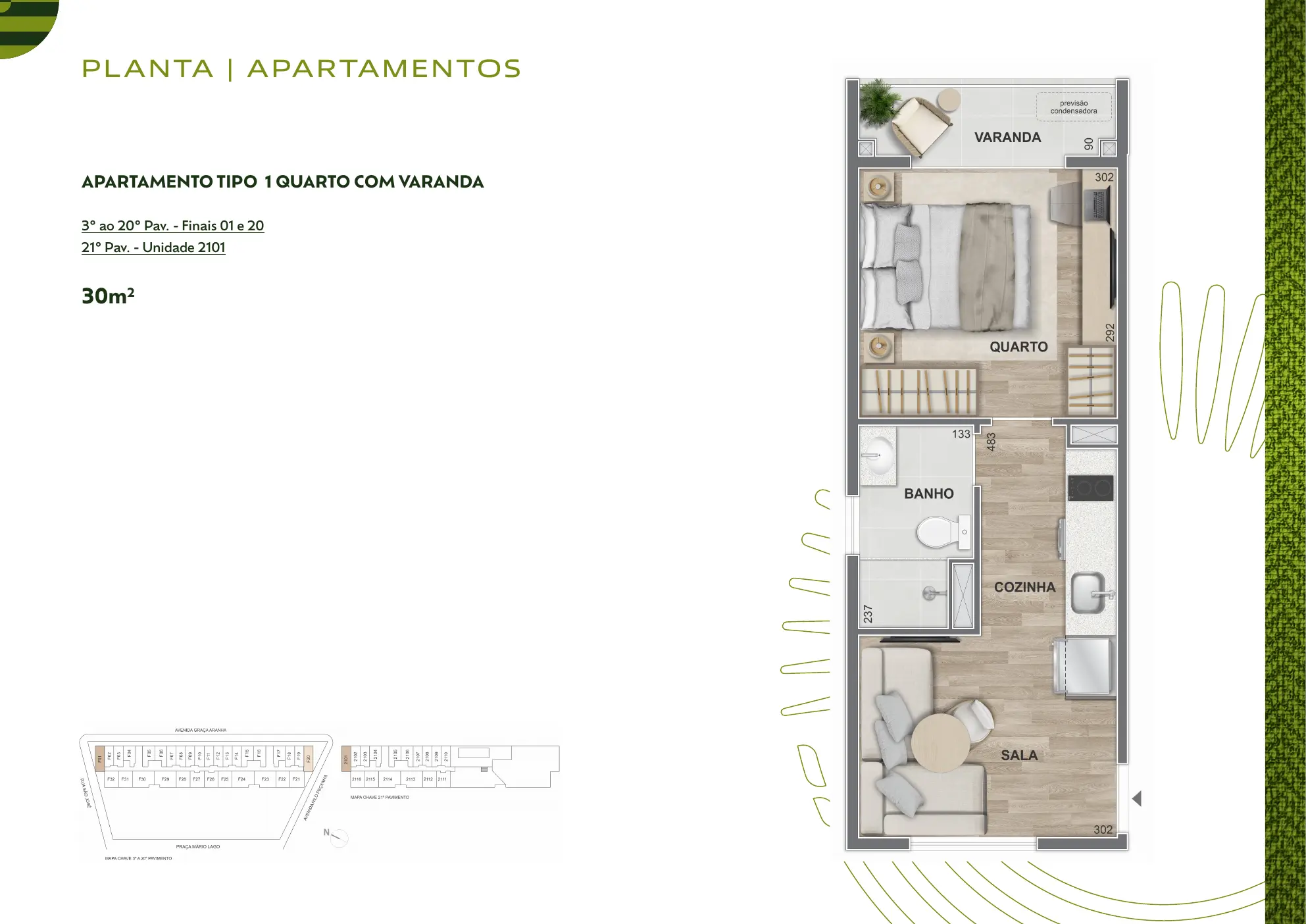 Apartamento de 1 quarto com varanda